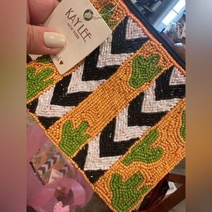Kaylee Beaded Cactus Chevron coin purse- Green & Orange